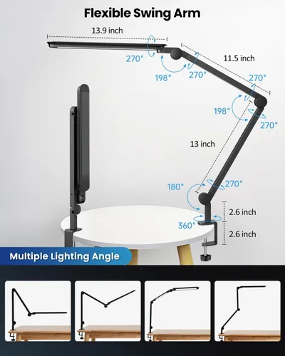 Miniatura 6 de Lámpara de escritorio LED con abrazadera, luz de escritorio de arquitecto de doble luz ultra brillante con brazo oscilante ajustable, 4 modos