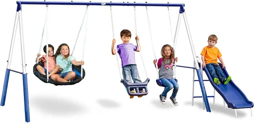 Miniatura 2 de XDP Recreation Swingin' More Fun - Juego de columpios para niños en el patio trasero al aire libre, blanco/azul y XDP Recreation 70113, juego