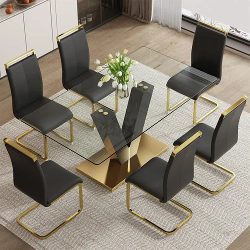 Juego de mesa de comedor de vidrio de 71 pulgadas para 6, juego de mesa de comedor para 6, mesa de cocina moderna y 6 sillas de PU, parte superior 6