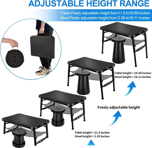 Miniatura 4 de KPR Juego de mesa plegable y taburete retráctil, mesa plegable portátil para camping, ligera pero más resistente, con taburete ajustable para picnic
