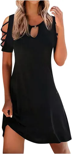 Ruziyoog Vestidos de verano para mujer, holgados, casuales, de manga corta, con huecos, hombros descubiertos, vestido midi acampanado hasta la