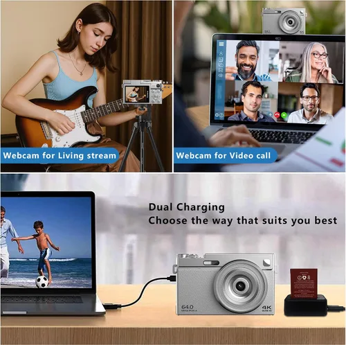 Miniatura 8 de Cámara digital 4K para fotografía con doble lente, cámara de enfoque automático de 64 MP para YouTube, pantalla abatible de 180° Cámara compacta
