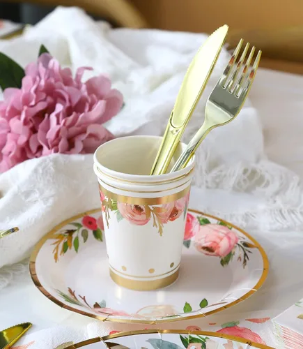 Miniatura 5 de Platos y servilletas de papel florales para fiesta - Sirve para 16 - Platos florales Tazas florales Cuchillos Tenedores Decoraciones de baby shower