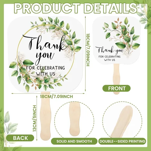 Miniatura 3 de Tradder 50 abanicos de papel de mano de boda a granel con mango de madera para invitados, regalos de despedida de soltera, hojas verdes, gracias por