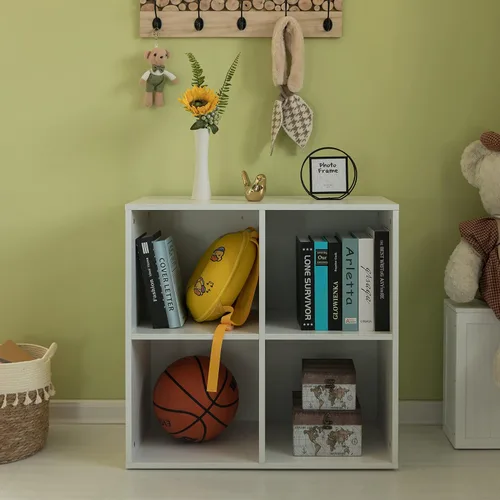 Miniatura 4 de Basicwise Estantería de madera moderna para almacenamiento de juguetes, 4 cubos, organizador cuadrado, color blanco