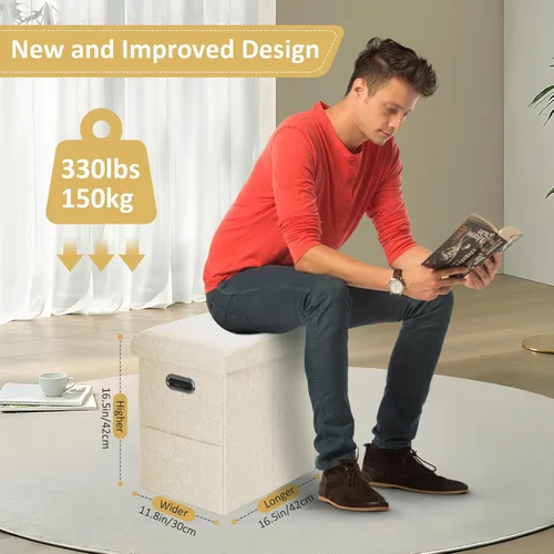 Miniatura 2 de Otomana alta con almacenamiento plegable de tela, otomana plegable pequeña y delgada con tapa y manijas para habitación, reposapiés, taburete