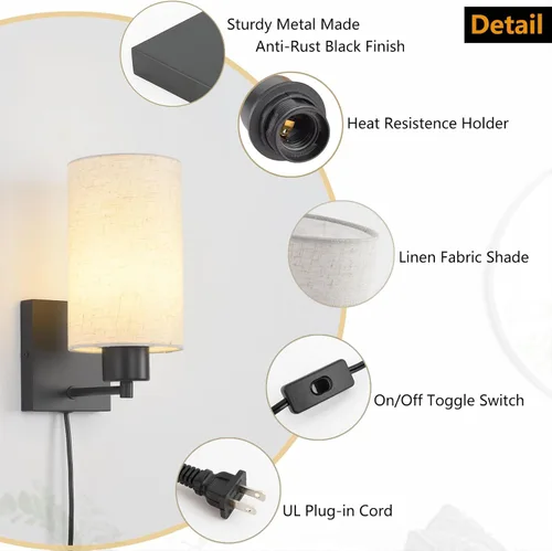 Miniatura 5 de KOONTING® Juego de 2 apliques de pared enchufables, lámpara de pared rústica con cable de enchufe e interruptor de palanca de encendido/apagado, Lino