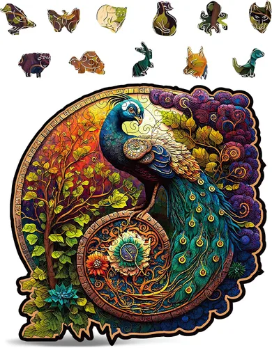 CRAFTHUB Rompecabezas de Madera de Animales para Adultos – A3 Pavo Real Yin Yang con 127 Piezas – Rompecabezas con Formas de Animales Únicas – 10.6"