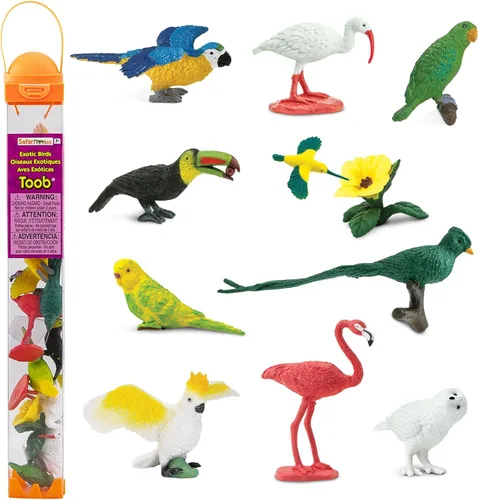 Safari Ltd. Pájaros exóticos TOOB, Viene con 13 diferentes modelos pintados a mano, figuras de juguete, incluyendo Periquito, Macaw, colibrí, tucán,