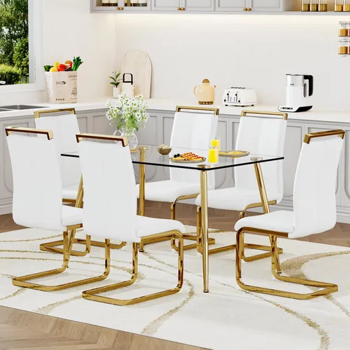 Miniatura 17 de Juego de mesa de comedor de vidrio Ebullient para 4, mesa de 51" de vidrio templado transparente con patas de metal negro y 4 sillas de acrílico