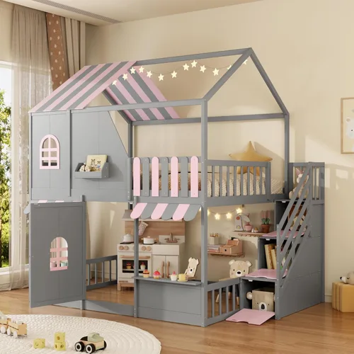 Miniatura 8 de Merax Litera Montessori de madera con escalera individual sobre individual, litera baja para niños, niñas, ahorro de espacio, no necesita somier