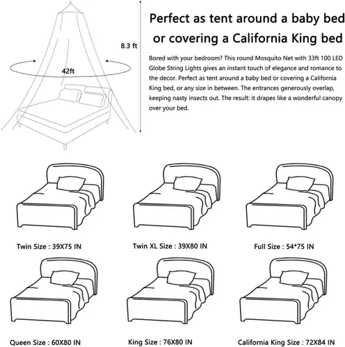 Miniatura 5 de Mosquitera con Dosel para Cama de Niñas, Cortinas de Cama King con Dosel Tamaño Full Queen desde el Techo, Mosquitera de Cúpula Tienda de Cama Twin
