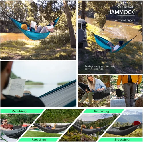 Miniatura 5 de Hamaca para campamento, hamacas portátiles individuales/dobles para senderismo al aire libre, viajes, mochileros, hamaca de nailon 210D para patio