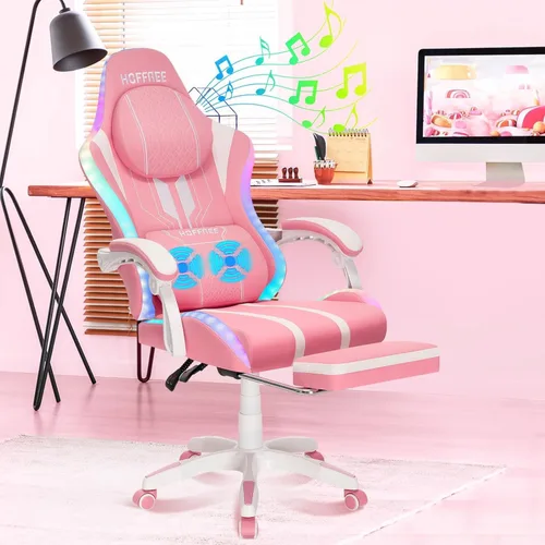 Miniatura 11 de HOFFREE Silla LED para juegos con altavoces, silla de computadora grande y alta con luces RGB, silla de juego Bluetooth con reposapiés, sillas