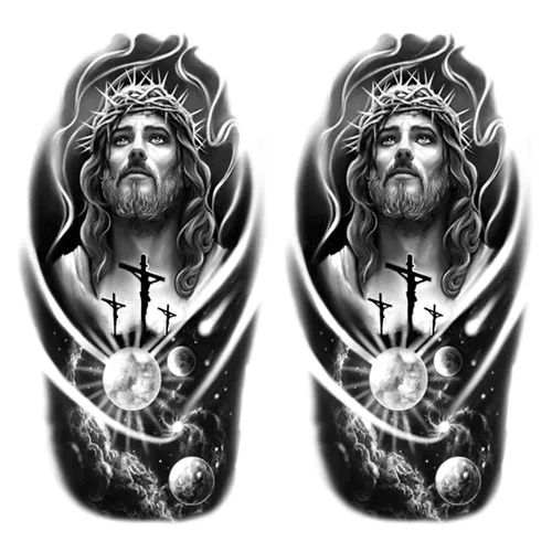 2 hojas de tatuajes temporales con cruz y luna de Jesús para adultos, espirituales religiosos, tatuajes falsos realistas, nebulosa galaxia en blanco