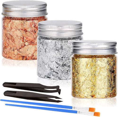 Copos de lámina dorada con pinzas y cepillo, 3 colores de imitación de lámina dorada escamas metálicas para arte de uñas, pintura, manualidades y
