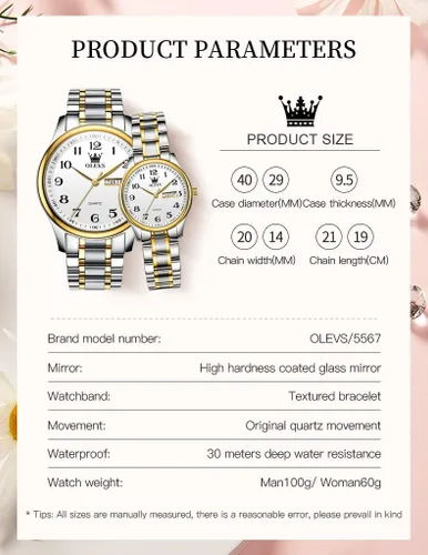 Miniatura 44 de OLEVS Juego de 2 relojes de cuarzo para parejas de San Valentín, calendario luminoso, ventana de fecha, 3 ATM, impermeable, casual, acero