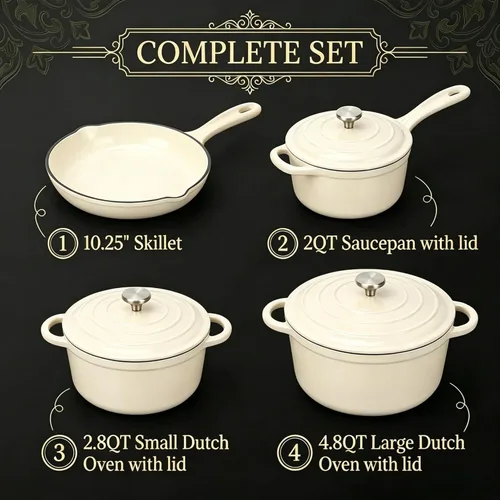 Miniatura 2 de QuliMetal Juego de utensilios de cocina de hierro fundido esmaltado, juego de 4 ollas y sartenes con tapas, sartén de 10.25 pulgadas, cacerola de 2