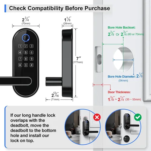 Miniatura 8 de Cerradura inteligente de huellas dactilares Bluetooth con mango y teclado. Se adapta a la mayoría de puertas de EE. UU., instalación de bricolaje