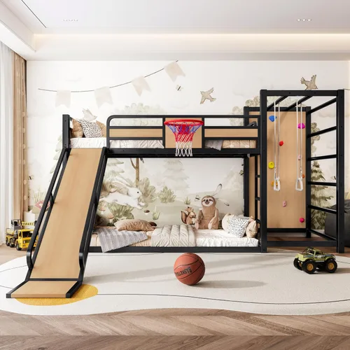 Miniatura 16 de Bellemave Litera de tamaño individual con aro de baloncesto, anillos de dominadas y pared de escalada, litera individual con tobogán y estantería