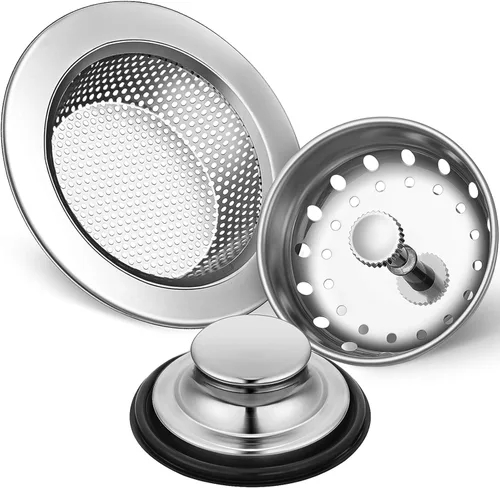 Mudder 3 piezas de colador y tapón de drenaje para fregadero de cocina, tapón de eliminación de basura de acero inoxidable con asa, filtro universal