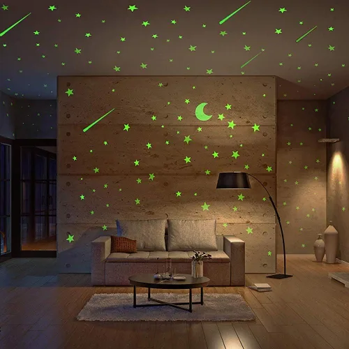 Estrellas y luna realistas que brillan - 500 estrellas luminosas brillantes, estrella fugaz decoración de habitación Conjunto de estrellas fugaces