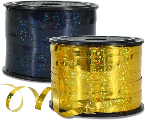 BEISHIDA Paquete de 2 tiras de globos de 100 yardas, color negro y dorado rizado con purpurina brillante metálica para envolver regalos, decoración