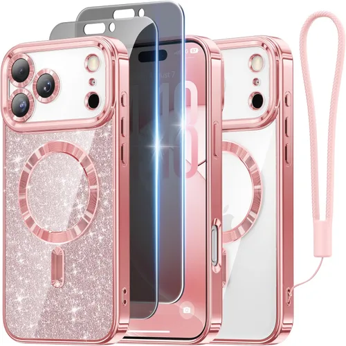 Miniatura 28 de Meifigno Candy Mag Series - Funda diseñada para iPhone 15 Pro, compatible con MagSafe, tarjeta con purpurina y correa de muñeca, protección completa
