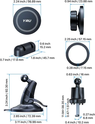Miniatura 9 de YRU Soporte de teléfono de grado militar verdadero mejorado para Magsafe Soporte de automóvil giratorio de 360° con succión al vacío, 2800gf soporte