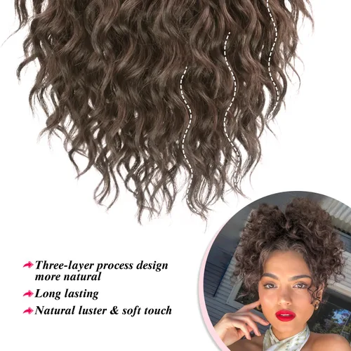 Miniatura 4 de Extension de cabello con moño desordenado, textura Yaki, con cabello suelto, ondulado y rizado, corto, con cordón de ajuste, extensiones de cola