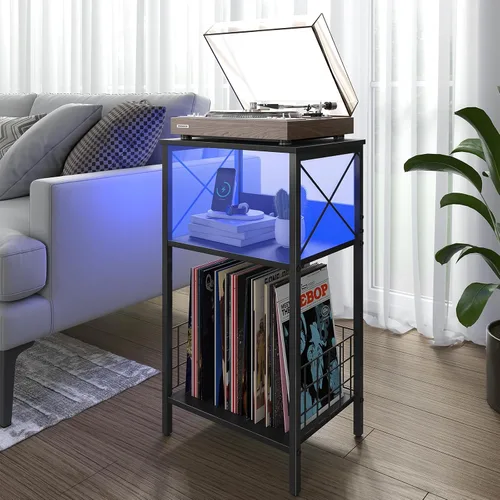 Miniatura 2 de Sthmec - Mesa auxiliar de 3 niveles con estación de carga, tocadiscos LED para almacenamiento de vinilo, estante de discos para álbumes, mesas