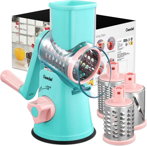 Miniatura 21 de Rallador de queso giratorio Geedel con 3 cuchillas intercambiables, rallador de mandolina de cocina para verduras, frutas, nueces, fácil de limpiar