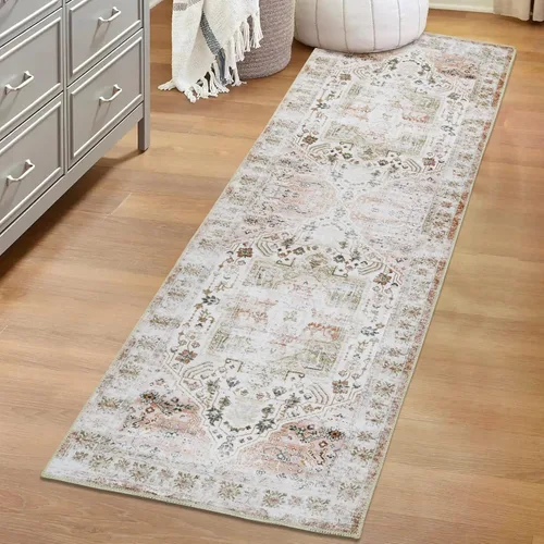 GlowSol Alfombra de pasillo de 2 x 6 pulgadas, lavable, estilo bohemio, vintage, gris, estampado floral, plegable, retro, decoración de baño,
