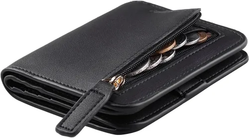 Miniatura 20 de Toughergun Cartera pequeña de cuero delgada para mujer con protección RFID, mini monedero bifold compacto con ventana de identificación transparente