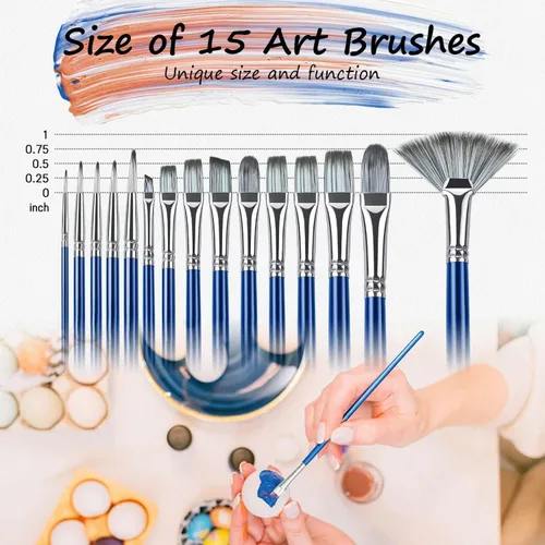 Miniatura 4 de Rosmax - Pinceles de pintura para artistas, pelo de nailon y 15 tamaños diferentes para pintura acrílica, óleo, acuarela, tela, ideal para niños