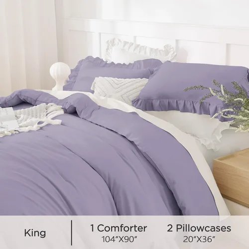 Miniatura 5 de Andency - Juego de edredón grisáceo lavanda púrpura, tamaño King, 3 piezas, juego de ropa de cama con volantes sólidos y colecciones, ropa de cama