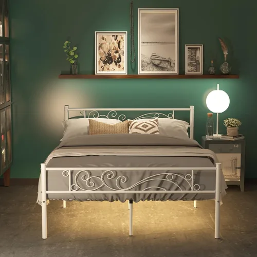 Miniatura 14 de Weehom Marco de cama de metal individual con almacenamiento, no necesita somier, listones de acero resistentes para niños, niñas, adolescentes, Rosa