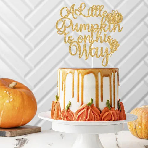 Miniatura 3 de Decoración para tartas con purpurina dorada "A Little Pumpkin is on His Way", calabaza Oh Boy/A Little Pumpkin is on the Way, decoración de fiesta