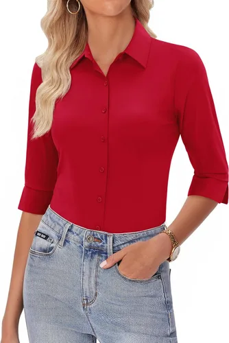 Miniatura 9 de siliteelon Camisas con botones para mujer, manga 3/4, elástica, ajustada, sin arrugas, cuello para negocios, trabajo, tops