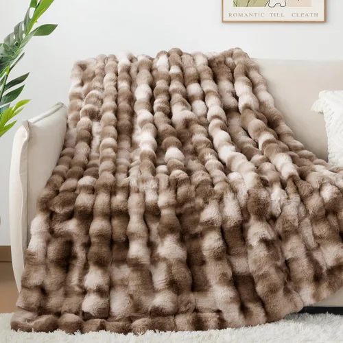 Miniatura 4 de Touchat Lujosa manta de piel sintética de conejo de 1000 GSM, súper pesada, cálida y acogedora manta marrón para sofá y cama, mullida, elegante