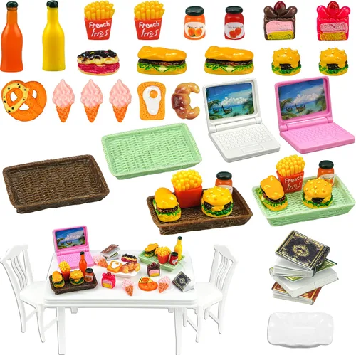 30 piezas de alimentos en miniatura, bebidas, computadora portátil, libros, juguetes, casa de muñecas, muebles en miniatura, mesa de plástico, se
