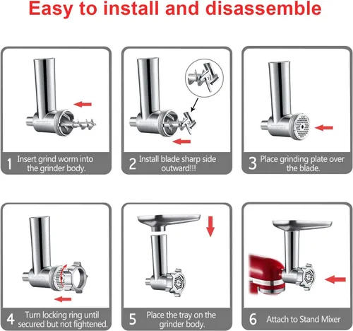 Miniatura 5 de COFUN Picadora de carne para batidora KitchenAid, molinillo de alimentos de metal con 4 placas de molienda, 3 tubos de relleno de salchichas, 2