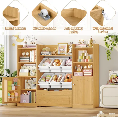 Miniatura 6 de FINETONES Organizador de almacenamiento de juguetes con contenedores extraíbles, estantería 5 en 1 para niños con pecho móvil y estantes para libros
