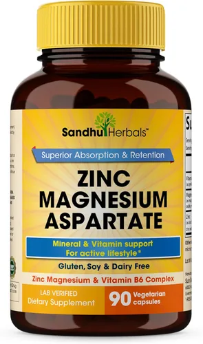 SANDHUHERBALS Suplemento de aspartato de zinc y magnesio 90 cápsulas | con vitamina B6 y zinc | Alta absorción, sueño y apoyo inmunológico | para
