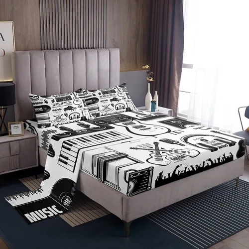 Miniatura 23 de Erosebridal Juego de sábanas con temática musical de música rock, tamaño Queen, juego de sábanas con estampado de notas musicales, juego de sábanas