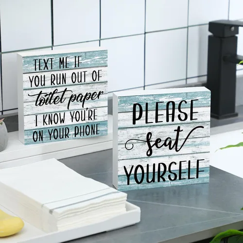 Miniatura 13 de Jetec 2 piezas de decoración de letreros de baño de granja, caja de madera con signo, arte de pared divertido para el baño, placa de madera rústica