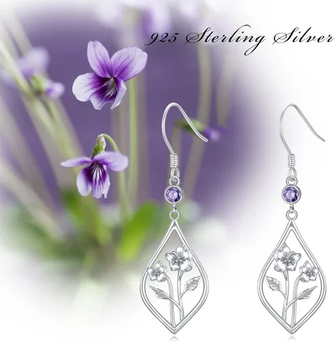 Miniatura 5 de Aretes de flor de nacimiento de plata de ley, aretes de gota de flor de mes de piedra natal, regalos de joyería de cumpleaños
