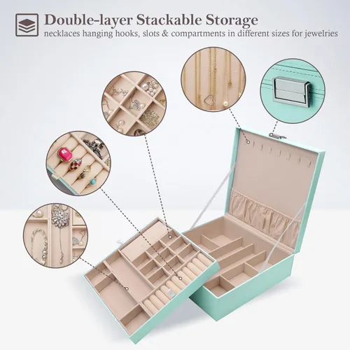 Miniatura 2 de ProCase - Joyero grande de cuero con dos niveles para organizar aretes, pulseras, anillos, relojes, para mujeres, niñas, regalo ideal para novia