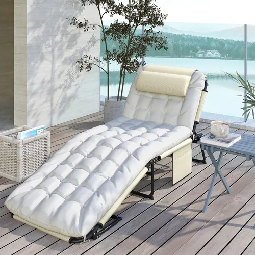 Miniatura 9 de Outsunny Tumbona plegable con respaldo reclinable de 4 niveles, silla de bronceado al aire libre con cojín, silla de salón al aire libre con tela