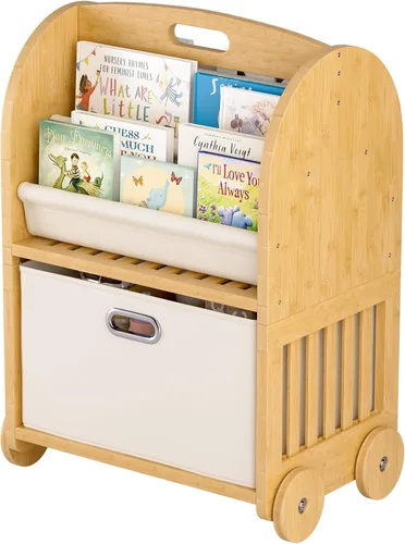 Miniatura 8 de Estantería de bambú de 2 lados y 3 niveles para niños, estante Montessori con ruedas seguras y cajón de almacenamiento grande, estantería